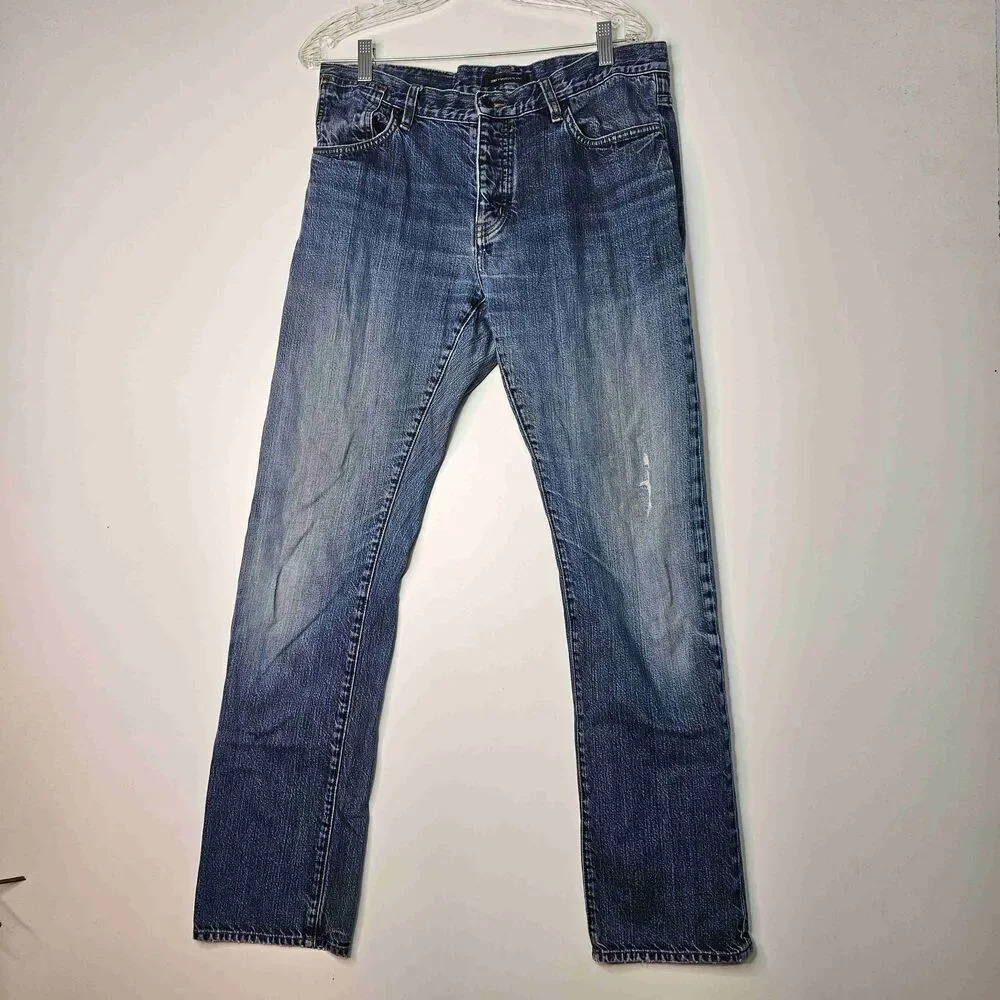John Varvatos USA Blue Faded Distressed Straight Jeans Button Fly Size 34 R